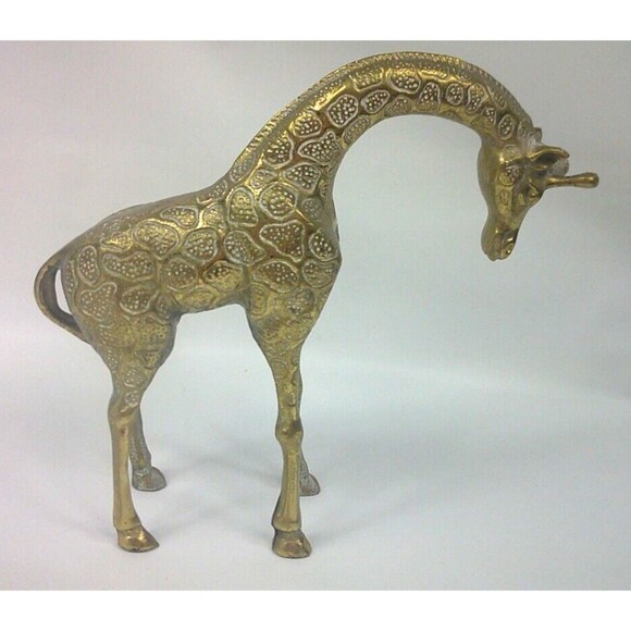 Vintage Solid Brass Giraffe Figurine Figure Head Down 8 Inch MCM Made in India - Picture 1 of 5
